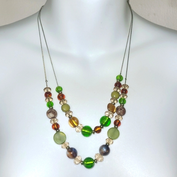 Necklace Green Amber Purple Art Glass Beads 2 Gold chains layered 18" Classic - Picture 1 of 4